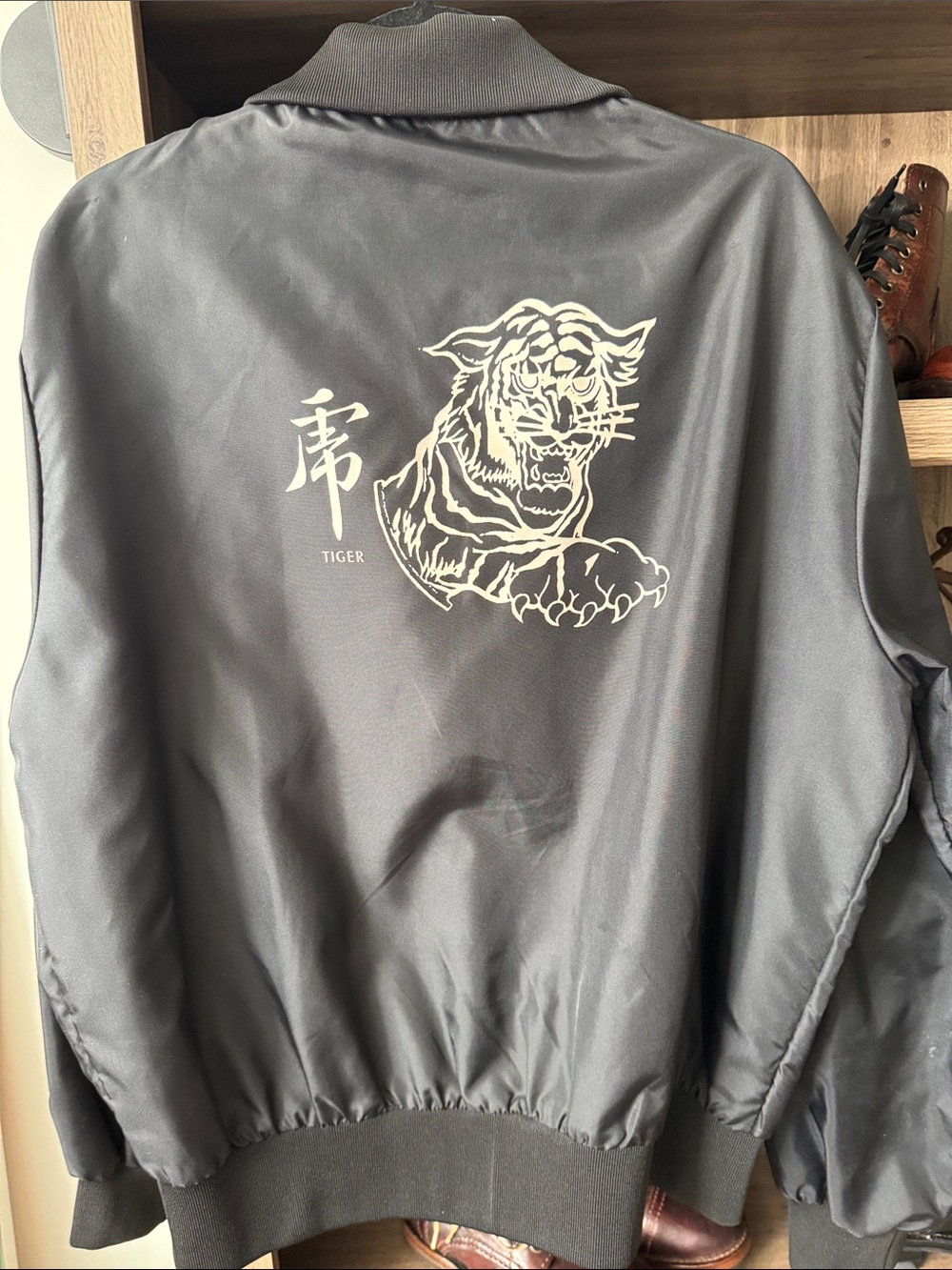 Vintage Panda Brand Black 'Tiger' Button-Front Bomber Jacket made in Canada M-L